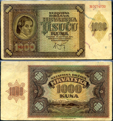 Хорватия 1000 кун 1941 Pick 4 a бумага 7548-103-2-1