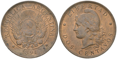 Аргентина 2 сентаво 1891 KM 33 бронза 221-1044