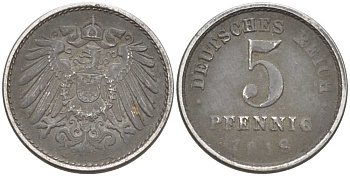 ГЕРМАНИЯ 5 ПФЕННИГОВ 1918 E KM 19, J. 297, Weege 5 железо 206-716
