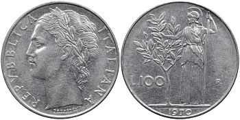 Италия 100 лир 1970 R, Афина в доспехах KM 96.1 нержавеющая сталь 4165-216