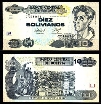 Боливия 10 боливиано 1986 Сесилио Гусман де Рохас, памятник "Heroinas de la Coronilla", Кочабамба Pick 243 (1) бумага UNC (пресс) 7523-37-2-1