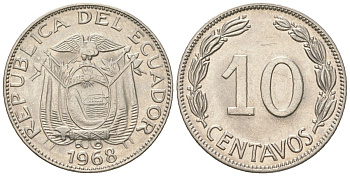 Эквадор 10 сентаво 1968 KM 76c сталь плакированная никелем aUNC 4585-814