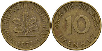ФРГ 10 пфеннигов 1973 D J. 383, KM 108 сталь плакированная латунью    4603-416