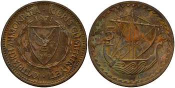 Кипр 5 милей 1971 Елизавета II (1953-) KM 39 бронза 4159-737