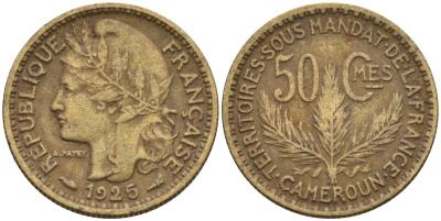 Французский Камерун 50 сантимов 1925 (а), монетный двор Париж KM 1 алюминиевая бронза 4164-1226