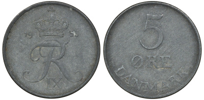 Дания 5 эре 1953 N; S, Фредерик IX KM 843.1 цинк 4162-123