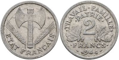Франция 2 франка 1944 тип LOURDE, правительство Виши KM 904 алюминий 4187-1014