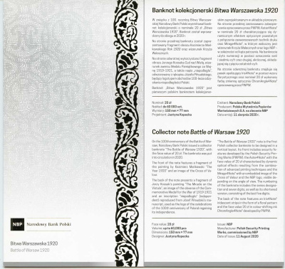 Польша 20 злотых 2020 100 лет битвы за Варшаву, Юзеф Пилсудский, медаль, в оригинальном буклете Pick 194  бумага  UNC (пресс) 451-112-1