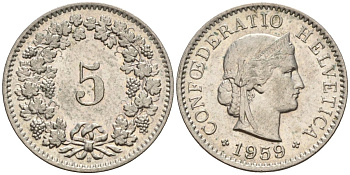 Швейцария 5 раппенов 1959 KM 26 медно-никель 4596-646