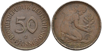 ФРГ 50 ПФЕННИГОВ 1982 J KM 109.2 медно-никель 75-536