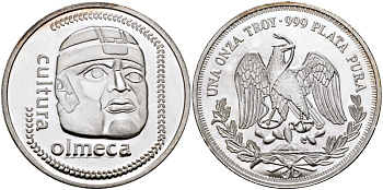 МЕКСИКА 1 УНЦИЯ ND CULTURA OLMECA, ДИАМЕТР 40 ММ., ВЕС 1 ТРОЙСКАЯ УНЦИЯ серебро PROOF 00-00