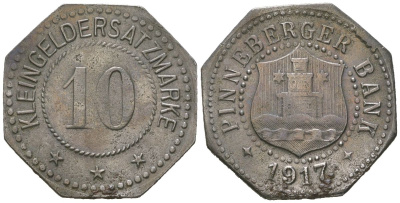 Пиннеберг (Пруссия, Шлезвиг-Гольштейн) 10 пфеннингов 1917 Funck 425.4, Men05 20512.4, Men18 25699.4 железо 4169-1262