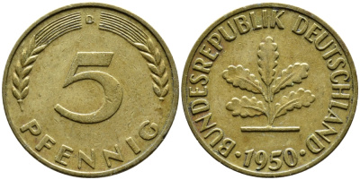 ФРГ 5 ПФЕННИГОВ 1950 D KM 107, J.382 сталь плакированная латунью 4392-447