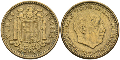 Испания 1 песета 1963 (65) Франсиско Франко (1939-1975) KM 775 алюминиевая бронза 3336-1136