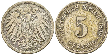 ГЕРМАНИЯ 5 ПФЕННИГОВ 1898 A KM 11, J. 12, Weege 6 медно-никель 206-918