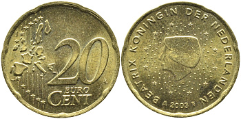 Нидерланды 20 евроцентов 2003 Беатрикс (1980-2013) KM 238 латунь UNC 08-545