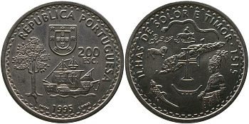 Португалия 200 эскудо 1995 INCM, 480 лет островам Солор и Тимор KM 683 медно-никель aUNC 00-00