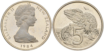 Новая Зеландия 5 центов 1984 Елизавета II (1952-2022), ящерица гаттерия KM 34 медно-никель PROOF 3711-1644