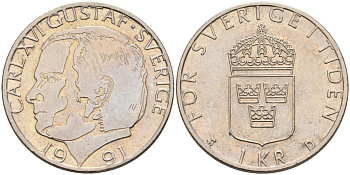 Швеция 1 крона 1991 Карл XVI Густав (1973- ) KM 852а медно-никель 4582-515