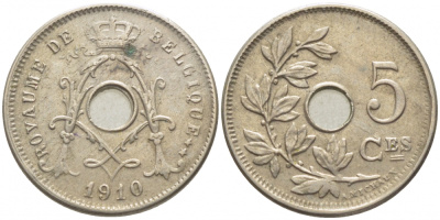 Бельгия 5 сантимов 1910 Belgique, Альберт I (1909-1934) KM 66 медно-никель 112-228