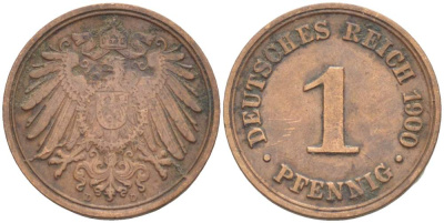 ГЕРМАНИЯ 1 ПФЕННИГ 1900 D KM 10, J. 10 медь 4523-252