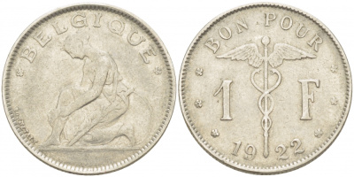 Бельгия 1 франк 1922 Belgique, Альберт I (1910-1934) KM 89 никель 261-447