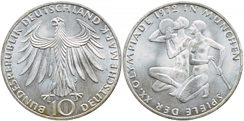 ФРГ 10 марок 1972 J, XX летние Олимпийские Игры, Мюнхен 1972, спортсмены KM 132, J. 403 серебро UNC 1520-1442