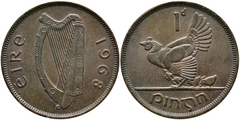 ИРЛАНДИЯ 1 ПЕННИ 1968 КУРИЦА С ЦЫПЛЯТАМИ KM 11 бронза 4531-725