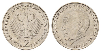 ФРГ 2 марки 1971 D, Конрад Аденауэр KM 124, J. 406 медно-никель 3459-953