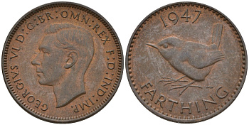 Великобритания 1 фартинг 1947 Георг VI (1936-1952) KM 843, Spink 4116 бронза 4596-1025