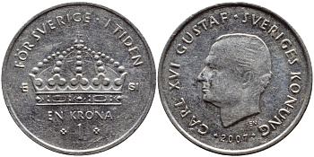 Швеция 1 крона 2007 Карл XVI Густав (1973- ) KM 894 медно-никель 176-447
