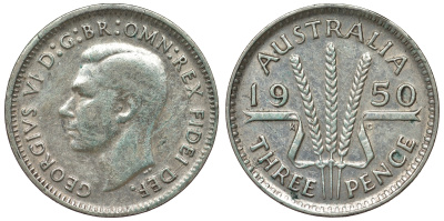 Австралия 3 пенса 1950 m, Георг VI (1937-1952), без букв KM 44 серебро 71-242