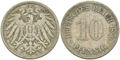ГЕРМАНИЯ 10 ПФЕННИГОВ 1899 D KM 12, J. 13, Weege 8 медно-никель 261-1326