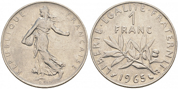 Франция 1 франк 1965 сеятель KM 925.1, Le Franc 226.9 никель 186-333