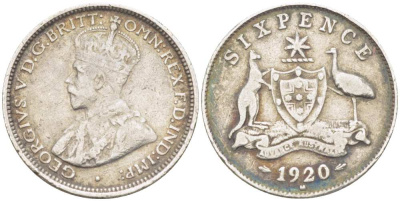 Австралия 6 пенсов 1920 M, Георг V (1910-1936), герб Австралии KM 25 серебро 3955-1265