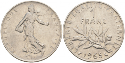 Франция 1 франк 1965 сеятель KM 925.1, Le Franc 226.9 никель 186-333