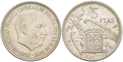 Испания 5 песет 1957 (71) Франсиско Франко (1939-1975) KM 786 медно-никель 210-1115