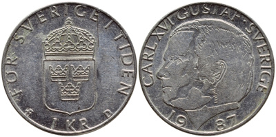 Швеция 1 крона 1987 Карл XVI Густав (1973- ) KM 852a медно-никель 4397-1155