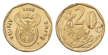 ЮАР 20 центов 2003 герб, цветок протея KM 327 сталь плакированная бронзой UNC 4687-555