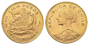Чили 100 песо 1949  KM 175 золото  UNC  10-016-09
