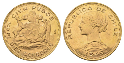 Чили 100 песо 1949  KM 175 золото  UNC  10-016-09