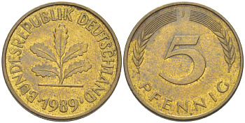 ФРГ 5 ПФЕННИГОВ 1989 J KM 107, J. 382 сталь плакированная латунью 4181-1029