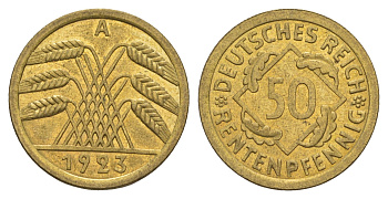 Германия 50 рентенпфеннигов 1923 A KM 34, J. 310 алюминиевая бронза UNC 5010-442