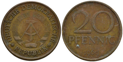 ГДР 20 пфеннигов 1969 А, первый год KM 11 латунь 4601-517