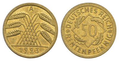 Германия 50 рентенпфеннигов 1923 A KM 34, J. 310 алюминиевая бронза UNC 5010-442