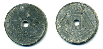 БЕЛЬГИЯ 25 САНТИМОВ 1942 BELGIQUE-BELGIE, ГЕРМАНСКАЯ ОККУПАЦИЯ, ВТОРАЯ МИРОВАЯ ВОЙНА KM 131 цинк 86-1016