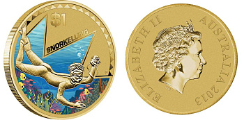 Австралия 1 доллар 2013 серия попробуй это, сноркелинг, цветная KM 2137 алюминиевая бронза UNC M41-06