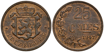 Люксембург 25 сантимов 1947 Шарлотта (1918-1964) KM 45 бронза 4532-635