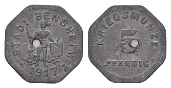Бенсхайм 5 пфеннигов 1917 Funck 34.2A, Men05 1739.2, Men18 2245.2 цинк 4639-149