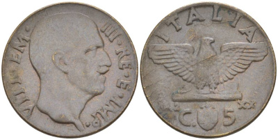 ИТАЛИЯ 5 ЧЕНТЕЗИМО 1942 R, ГОД XX, ВИКТОР ЭММАНУИЛ III (1900-1946) KM 73a, VEM3. 0956 алюминиевая бронза 3853-244